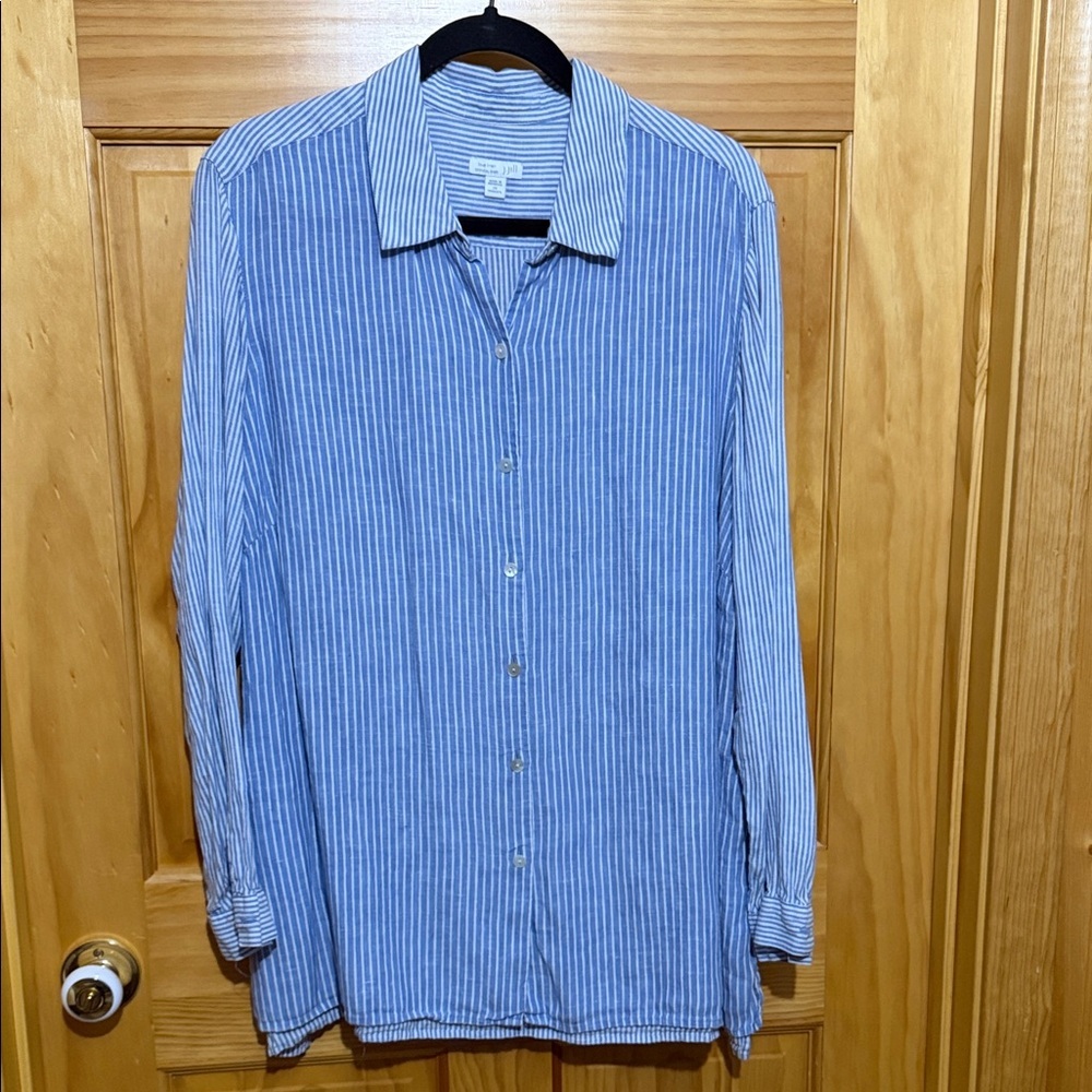 J Jill Love Linen Blue & White Striped Essential Long Sleeve Shirt Plus Sized 2X
